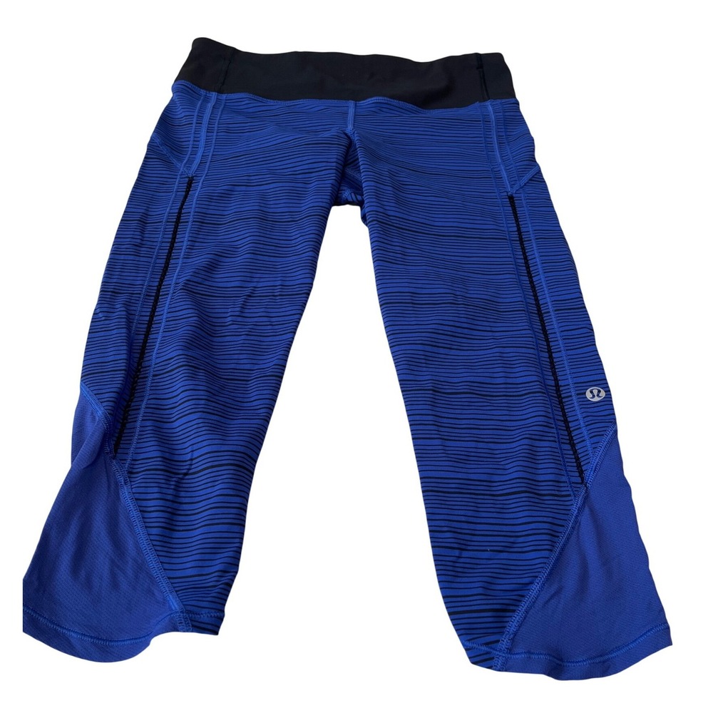Lululemon Speed Up Crop Blue Black Striped Running Leggings Size 6